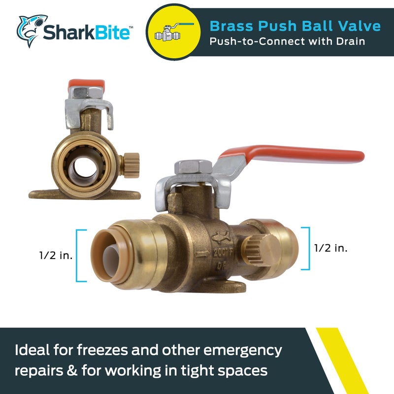 SharkBite 1/2 Inch Ball Valve With Drain Vent And Mounting Bracket, Push To Connect Brass Plumbing Fitting, PEX Pipe, Copper, CPVC, PE-RT, HDPE, 24615-0000LFA - Image 2